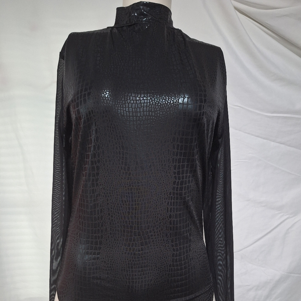 Black Long Sleeve Bodysuit with Textured Crocodile Design with Mesh Sleeves- L - Picture 4 of 8